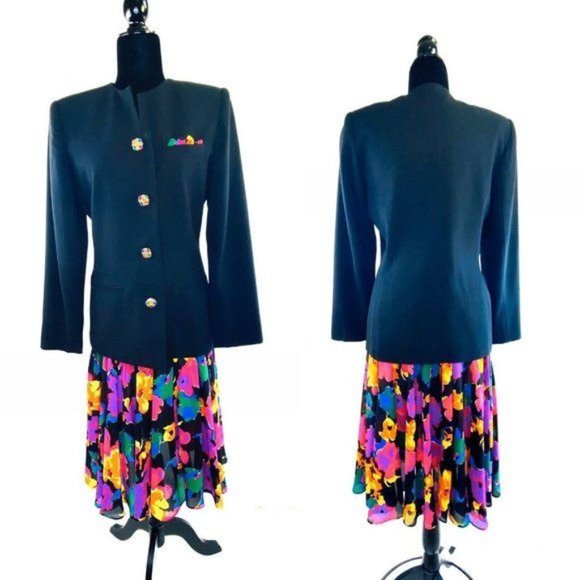 Kasper for ASL Jacket & Skirt Suit Set  Womens 90s Vintage Sz 6 Crystal Buttons - Picture 2 of 14